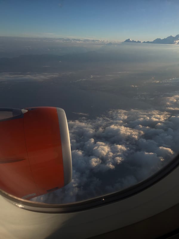 Airplane window view captured over Palma coastline