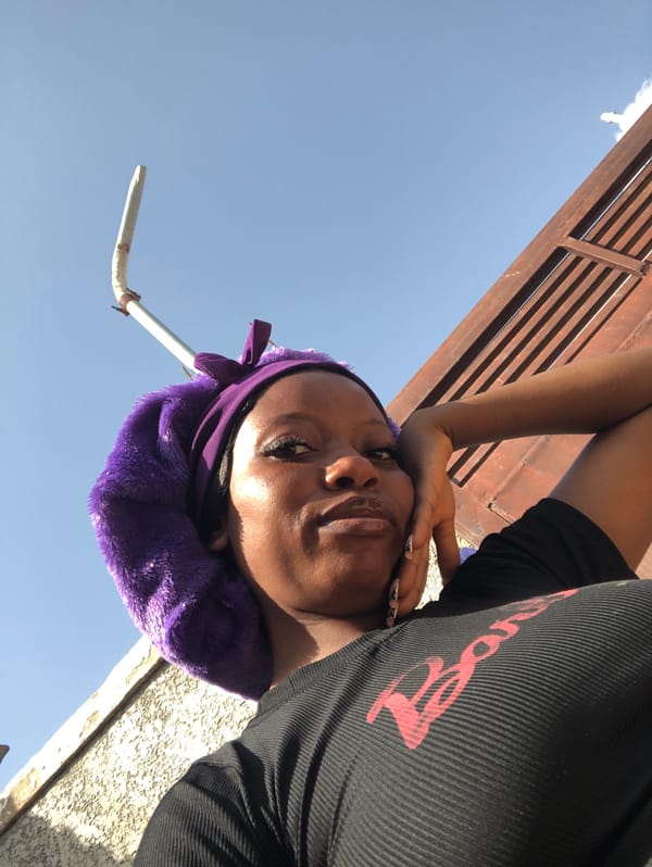 Afternoon selfie session outdoors in Nigeria, purple bonnet series