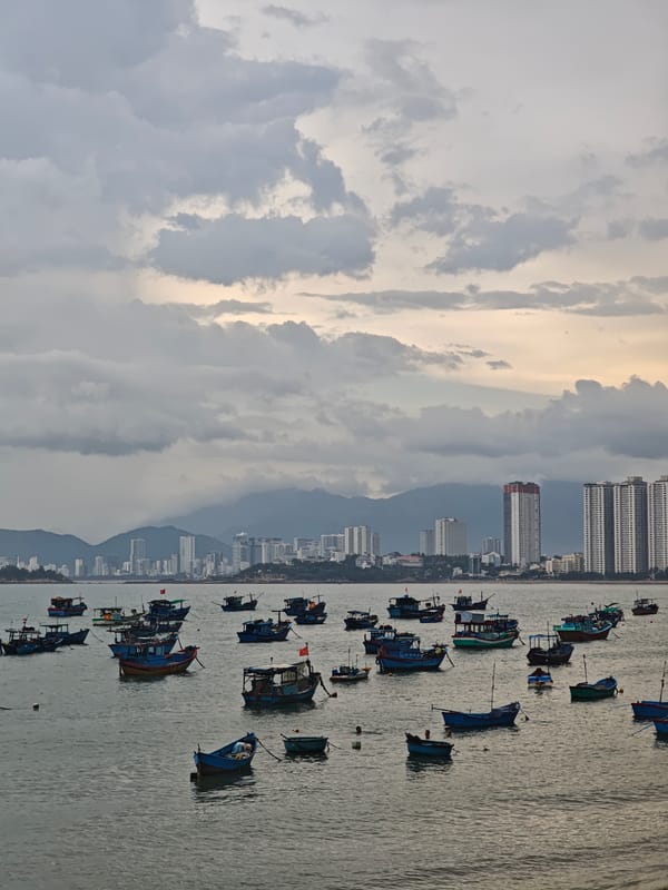 Vietnamese fishing fleet anchored in coastal harbor