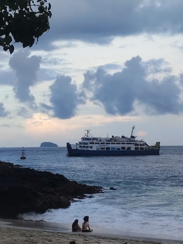 Two people sit on beach as ferry passes rocky coastline