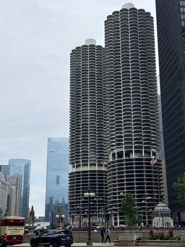 Downtown Chicago landmarks and streets on a cloudy afternoon
