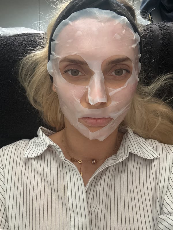 Sheet mask skincare session, two close-up angles