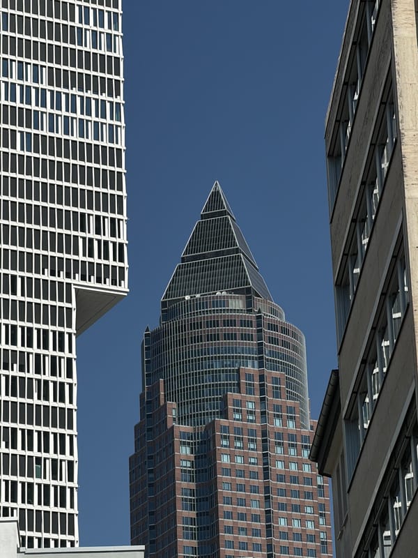 Looking up at Frankfurt's skyline on a clear morning