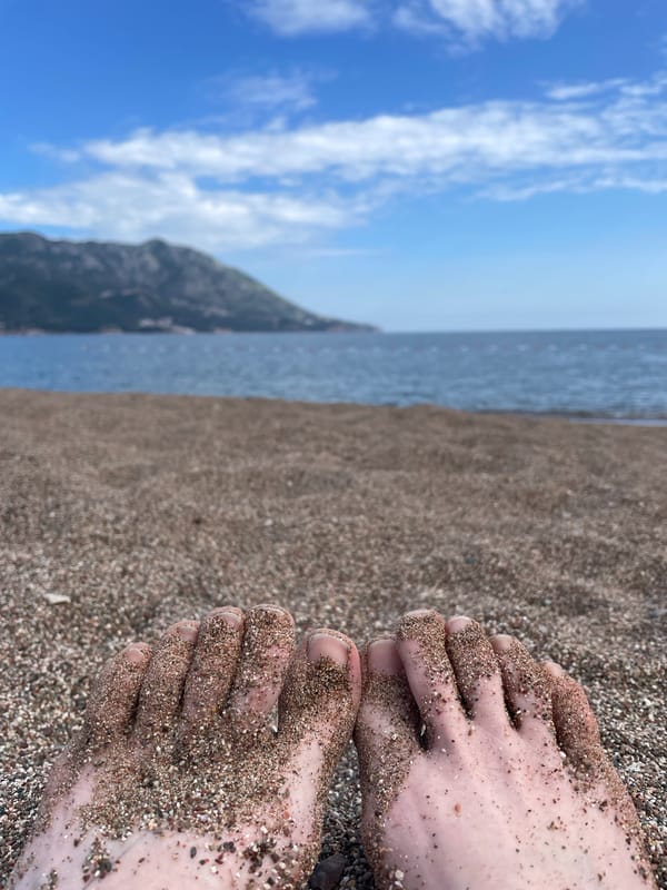 Beach day documented at Bečići, Montenegro with dog and beachgoers