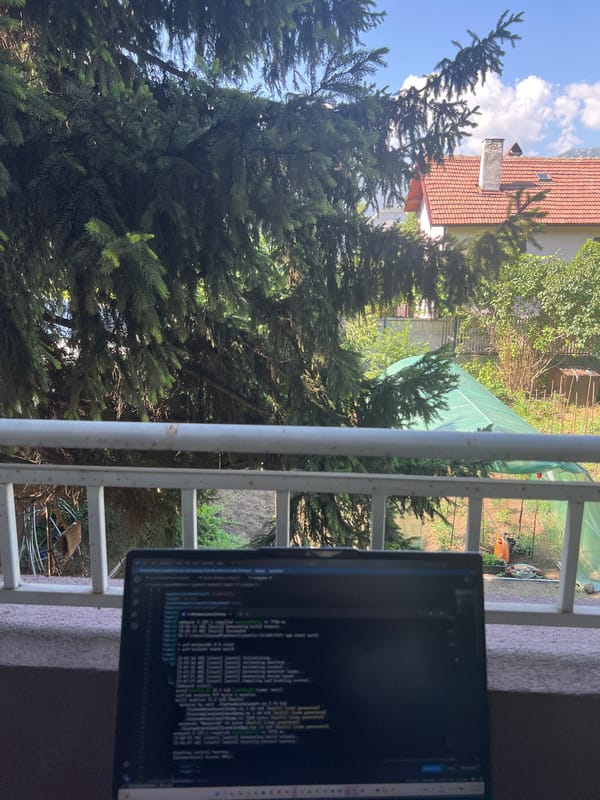 Coding on a balcony in Sofia, evergreens and rooftops behind