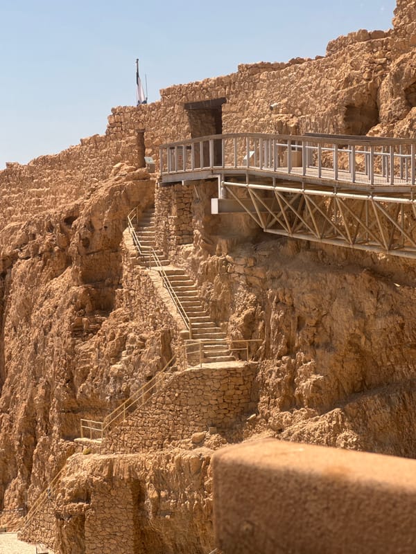 Ascending Masada by staircase and cable car, Dead Sea in view