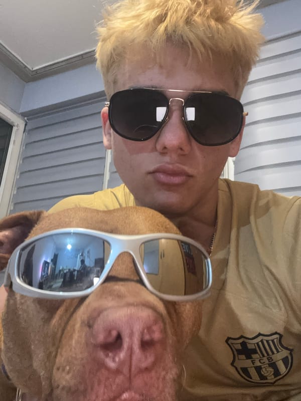 Person and dog pose in matching sunglasses selfies in Sofia