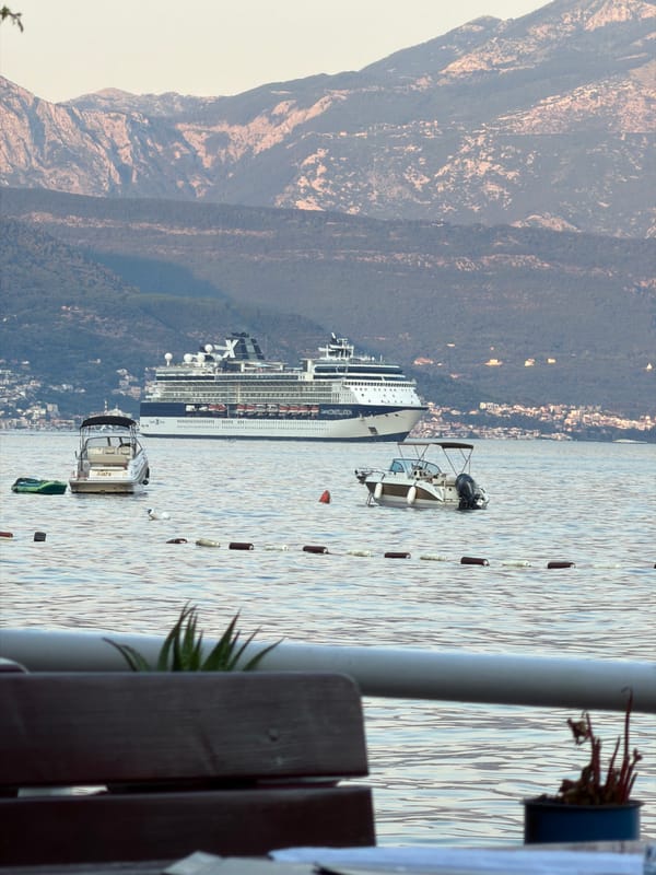 Waterfront dining with Celebrity Constellation in the bay, Đenovići