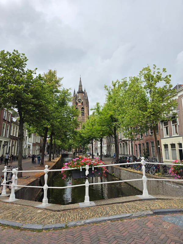 Canals, flowers, and historic stonework in central Delft
