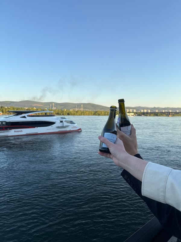 Champagne toast celebration along Yenisei River in Krasnoyarsk