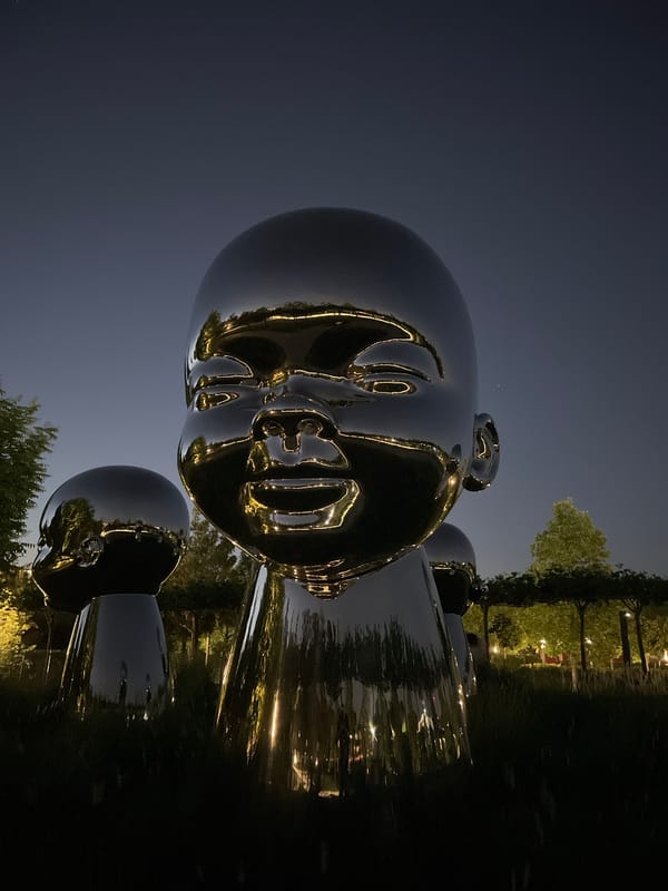 Nighttime Documentation of Reflective Head Sculptures at Krasnodar Park