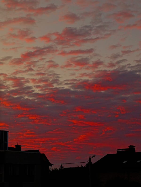 Fiery urban sunset, clouds ablaze over city rooftops