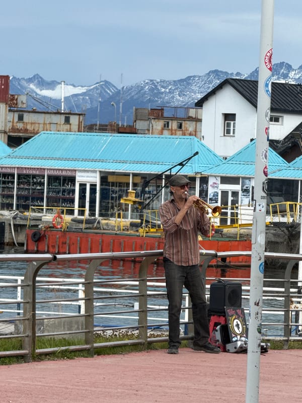 Street musician performs, desserts displayed in Ushuaia cafes