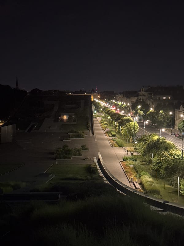Nighttime city park and street scene, multiple aerial angles