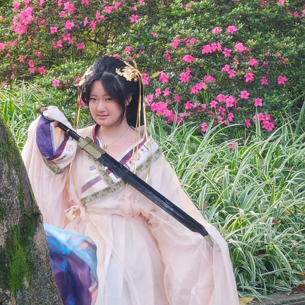 Woman in traditional dress photographed in Yuzhong District park