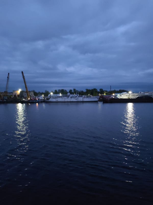 Ships docked at industrial port in Kimry, Russia