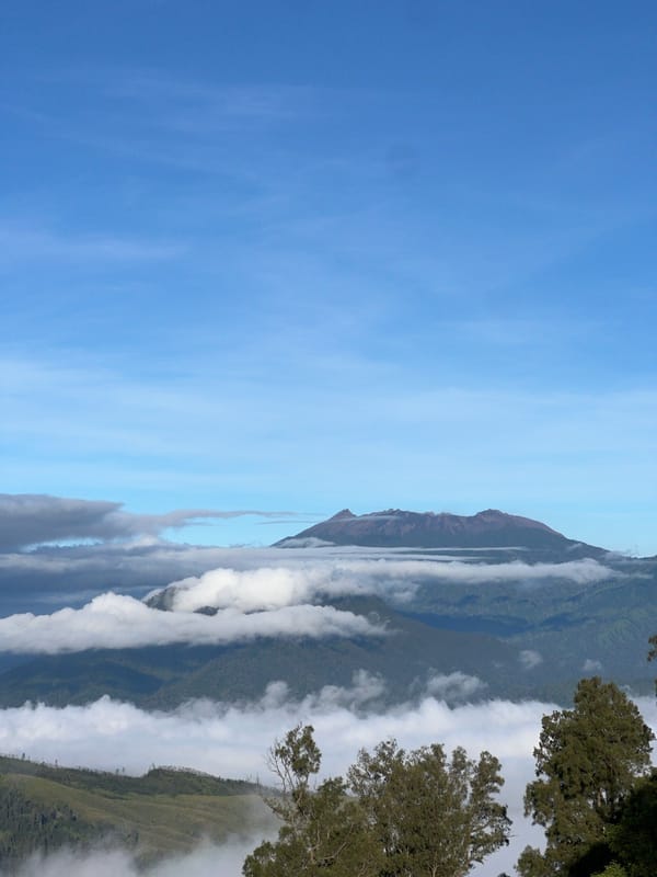 Group gathers at Indonesian mountain viewpoint on clear day