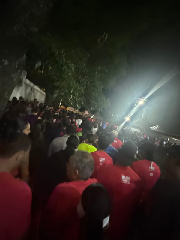 Large crowd in red shirts gathers on Mexico City bridge