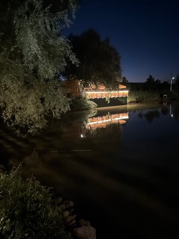 Lakeside restaurant and grounds at dusk, Strășeni, Moldova