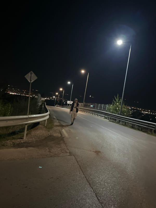 Person stands on roadside at night near city