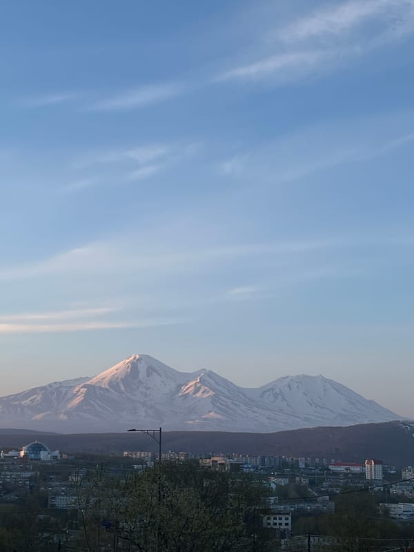 Morning panoramic views captured of Petropavlovsk-Kamchatsky beneath snowy peaks