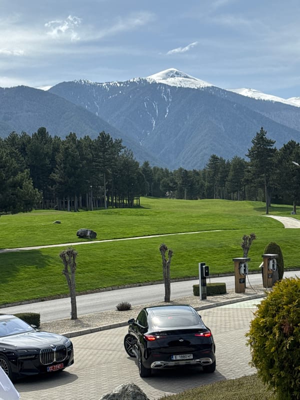 Resort scenes documented in Razlog with mountain backdrop