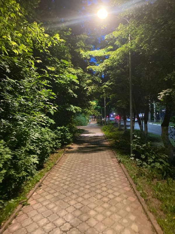 Evening stroll through illuminated park pathways in Protvino, Russia