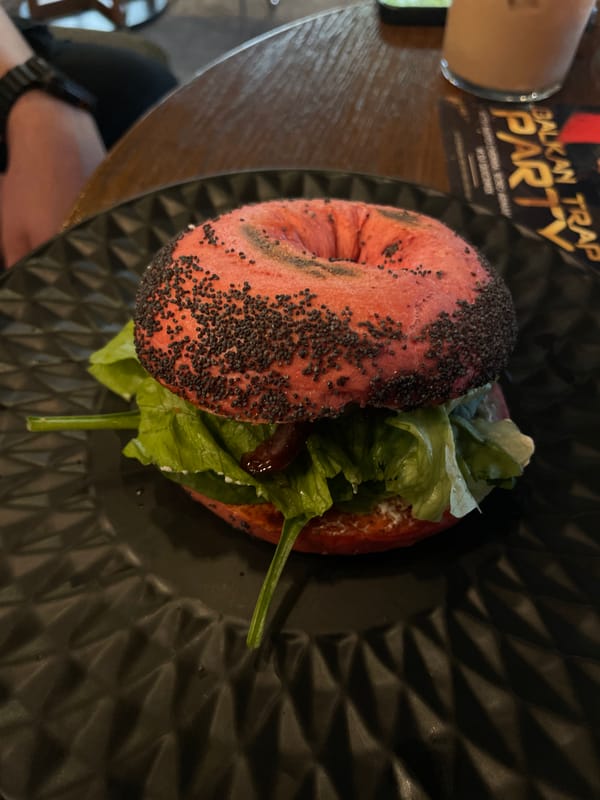 Red poppy seed bagel photographed in Varna, Bulgaria