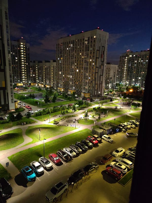 Nighttime aerial look at a Lyubertsy residential complex