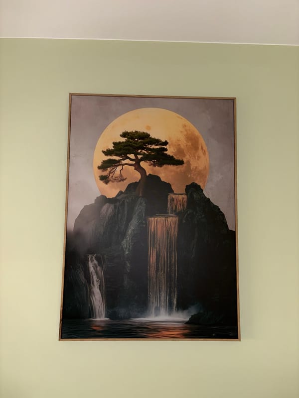 Landscape artwork featuring moon and waterfall observed in Sofia