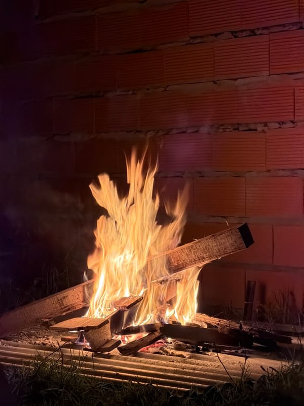 Nighttime barbecue gathering with bonfire in Reta, Argentina