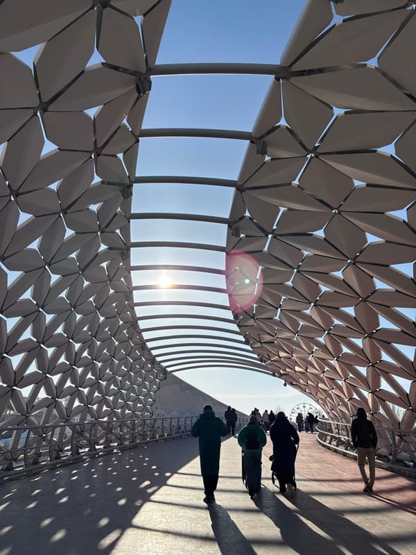 Winter walk documented across Astana landmarks on sunny March day