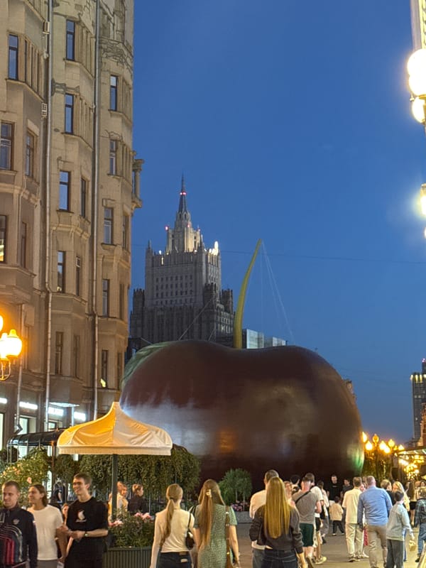 Moscow Evening Scenes Include Giant Cherry Sculpture Sightings