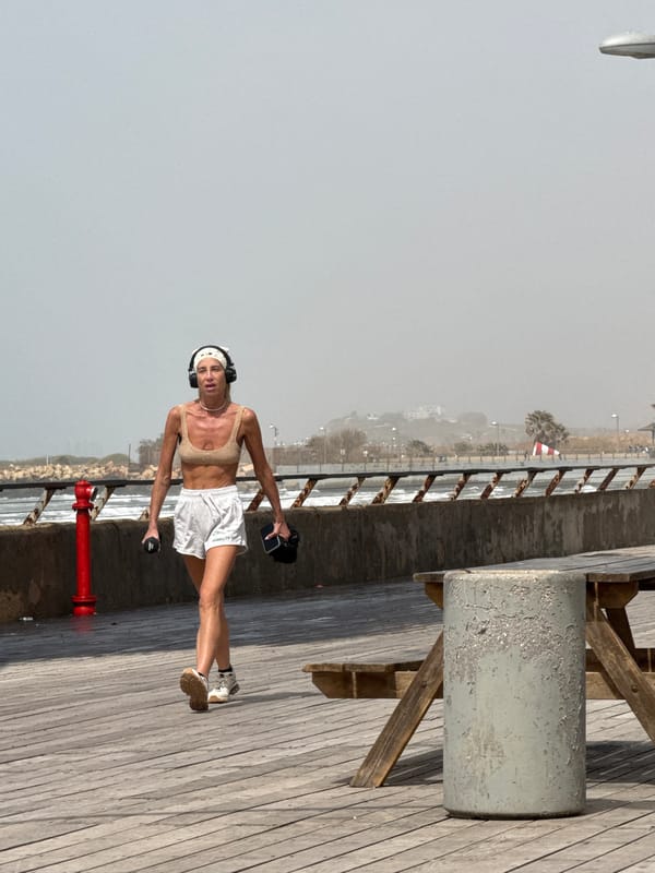 Morning scenes captured across Tel Aviv: outdoor fitness, cafe work