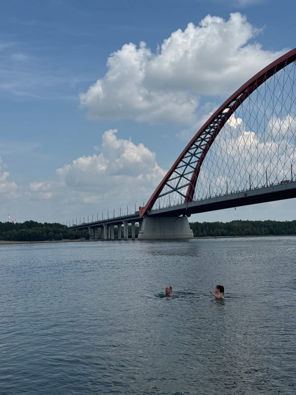Summer day on the Ob River beach near Bugrinsky Bridge