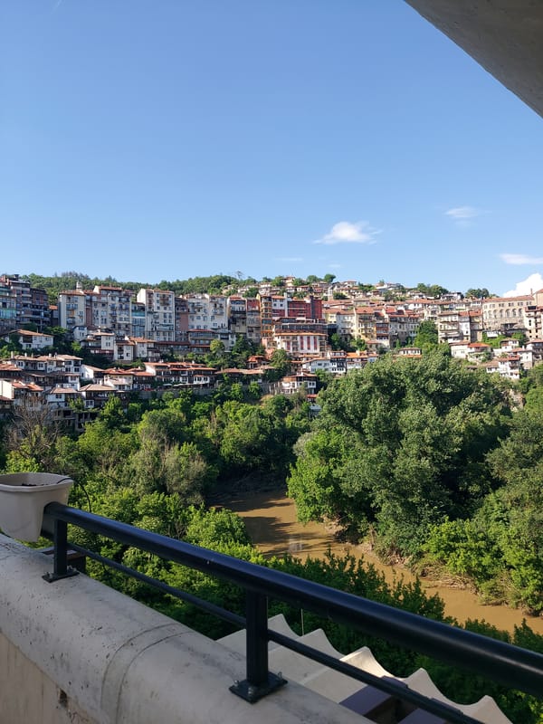 Tourist captures panoramic views of historic Veliko Tarnovo, Bulgaria