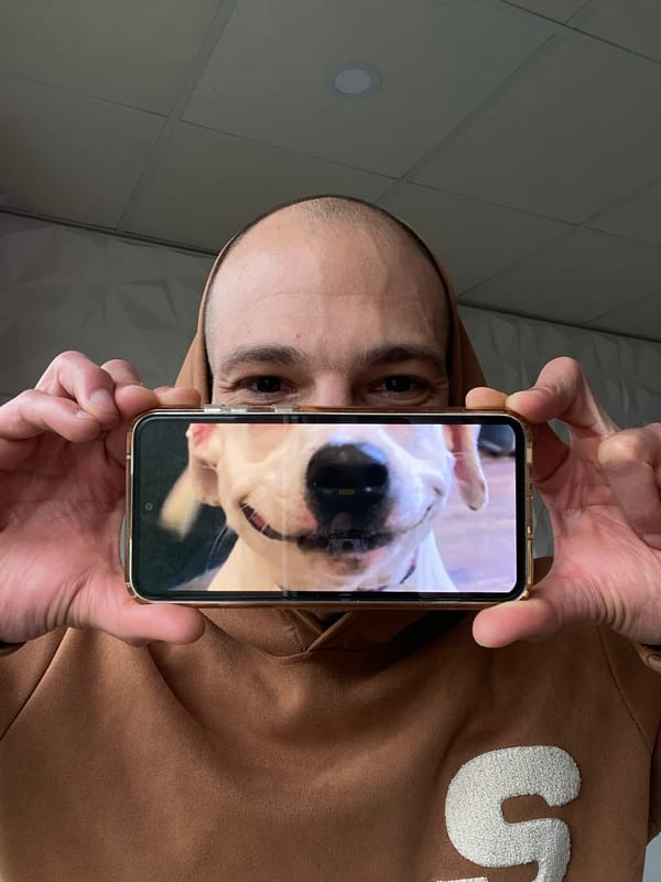 Person views white dog photo on smartphone in Pleven