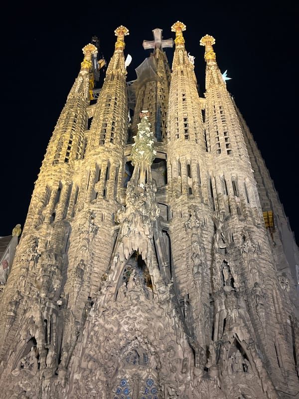 Sagrada Familia basilica captured illuminated at night in Barcelona