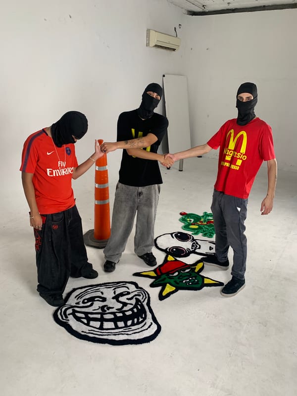 Masked individuals display meme rugs in Vicente López room