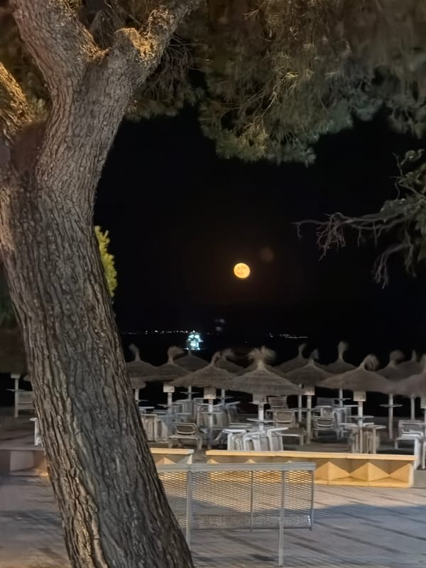 Orange moon rises over a quiet Mallorcan beach strip at night