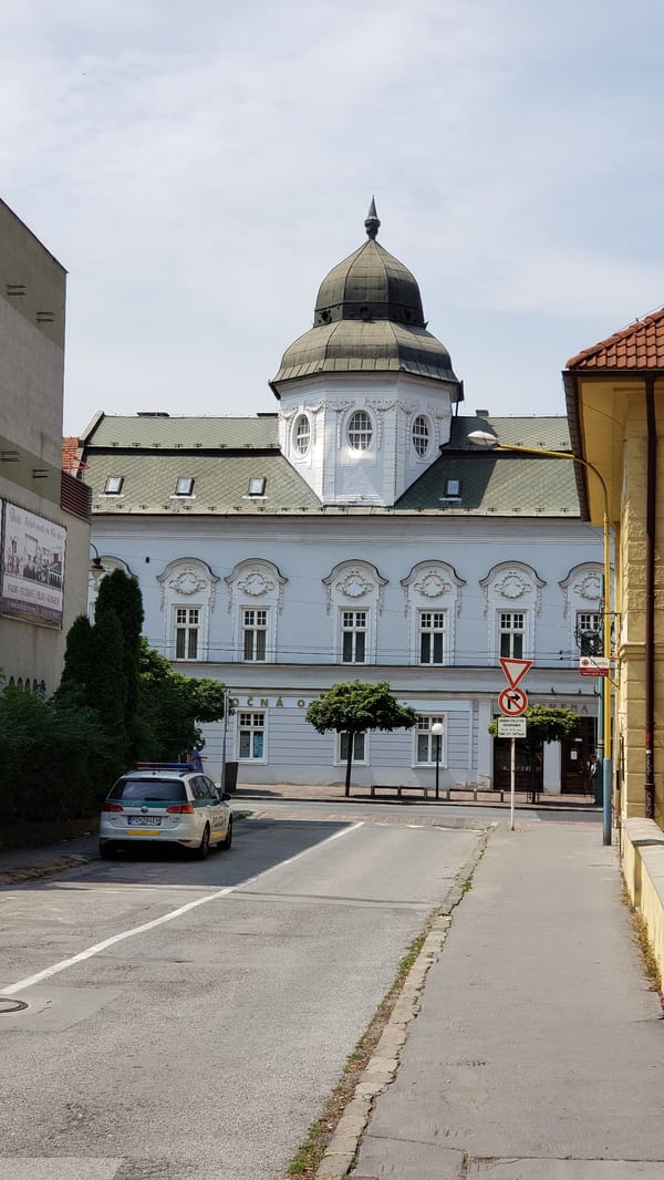 Morning snapshot of Prešov's old town streets and landmarks