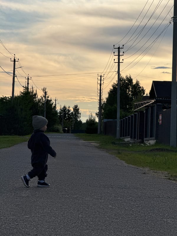 Two pedestrians walk along rural road in Vysokinichi, Russia