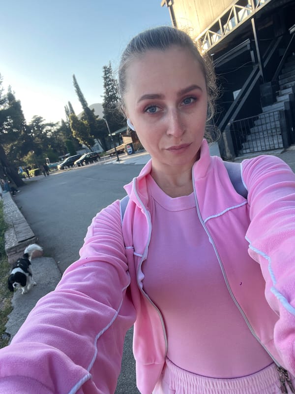 Pink tracksuit selfie captured in Budva, Montenegro