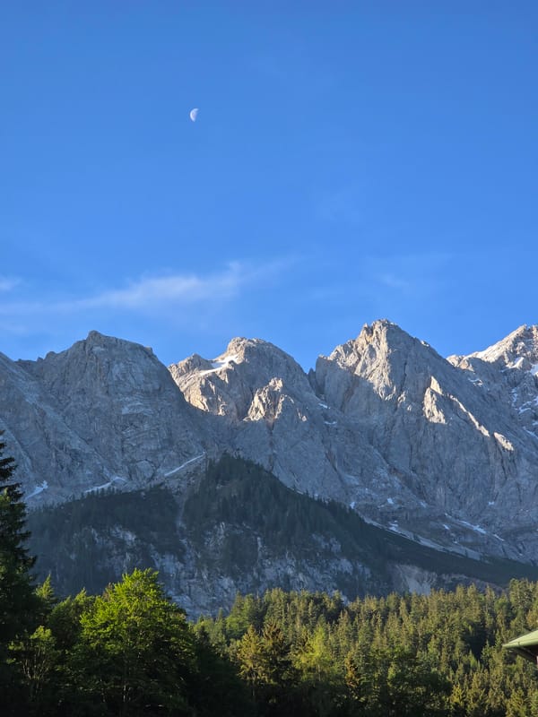 Morning views of Zugspitze peak documented in Grainau, Germany