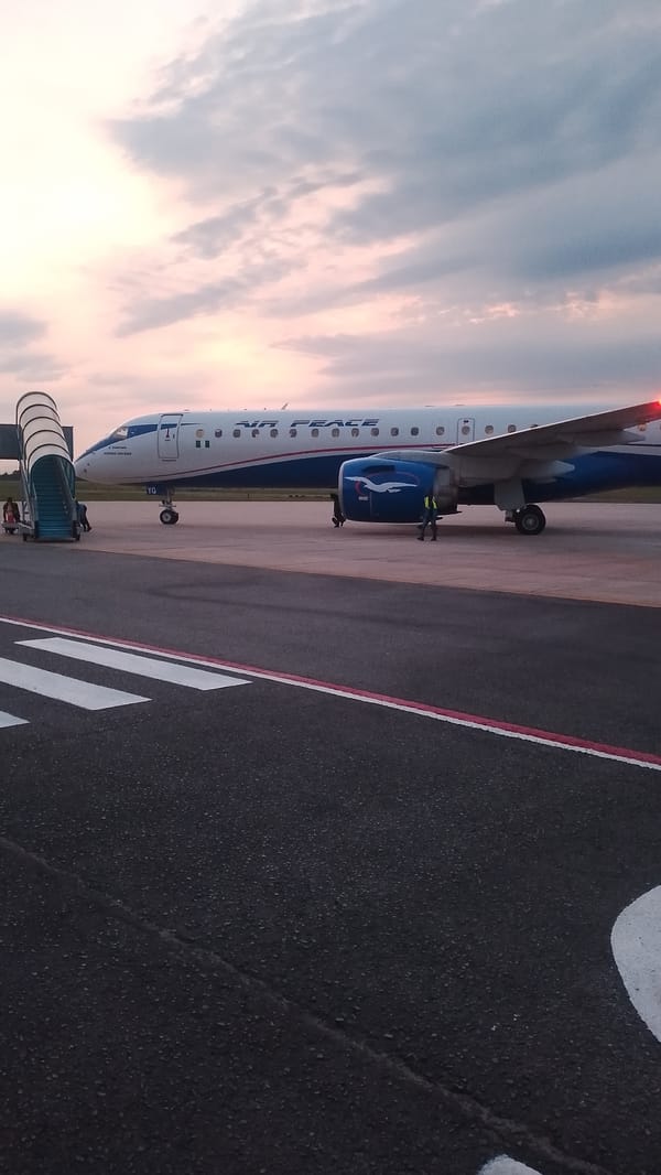 Air Peace flight operations captured at Orerokpe airport during twilight