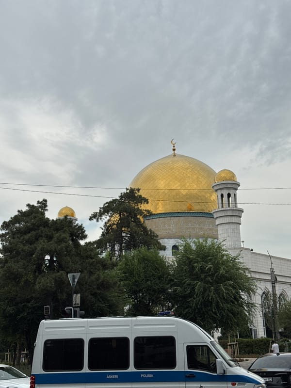 Street-level views around Almaty's Central Mosque on a cloudy morning