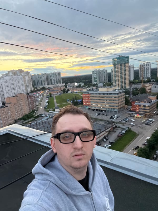 High-up selfie with Khimki cityscape in the background