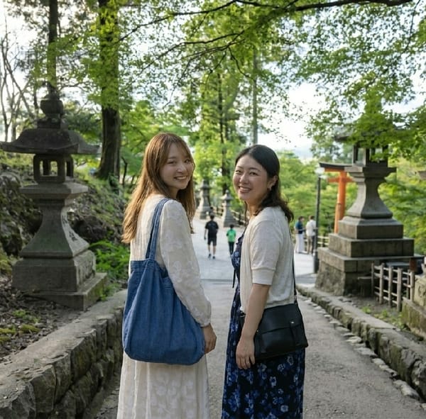 Two women tour Kyoto's historic shrines on sunny morning