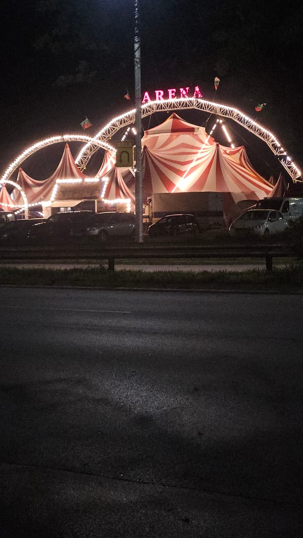 Lit circus tent observed in Plovdiv, Bulgaria nighttime scene