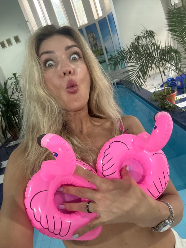 Backyard pool day with flamingo floats, a poodle, and strawberries